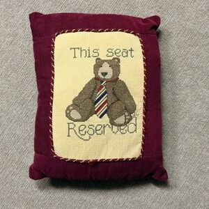 Vtg Needlepoint Teddy Bear‎ This Seat Reserved Accent Pillow Burgundy Corduroy